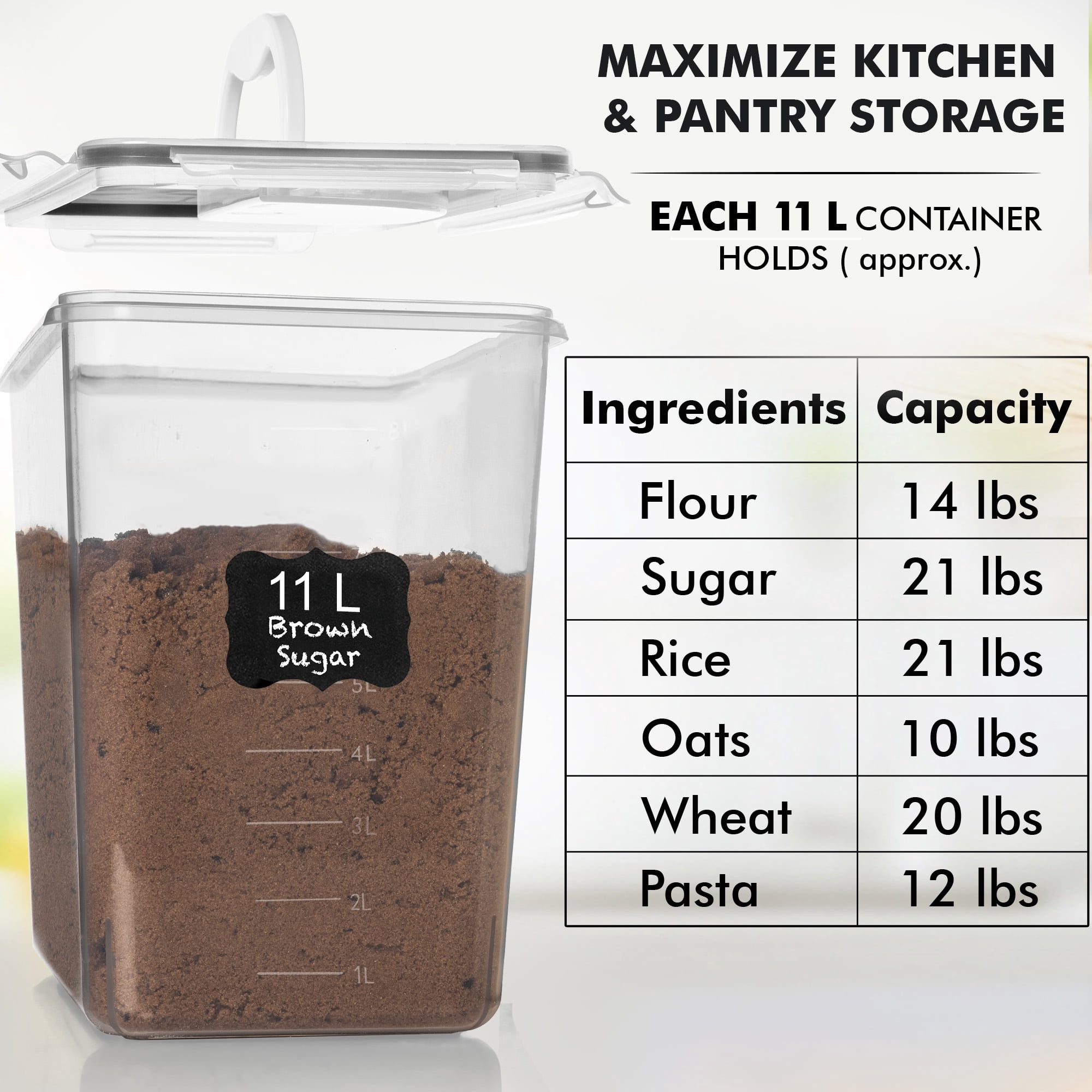 Shazo 4Pcs (11L | 11000ML) Extra Large Airtight Flour Sugar Storage Containers with Lids, BPA Free Plastic Food Storage Containers with Lids + 2 Measuring Spoon