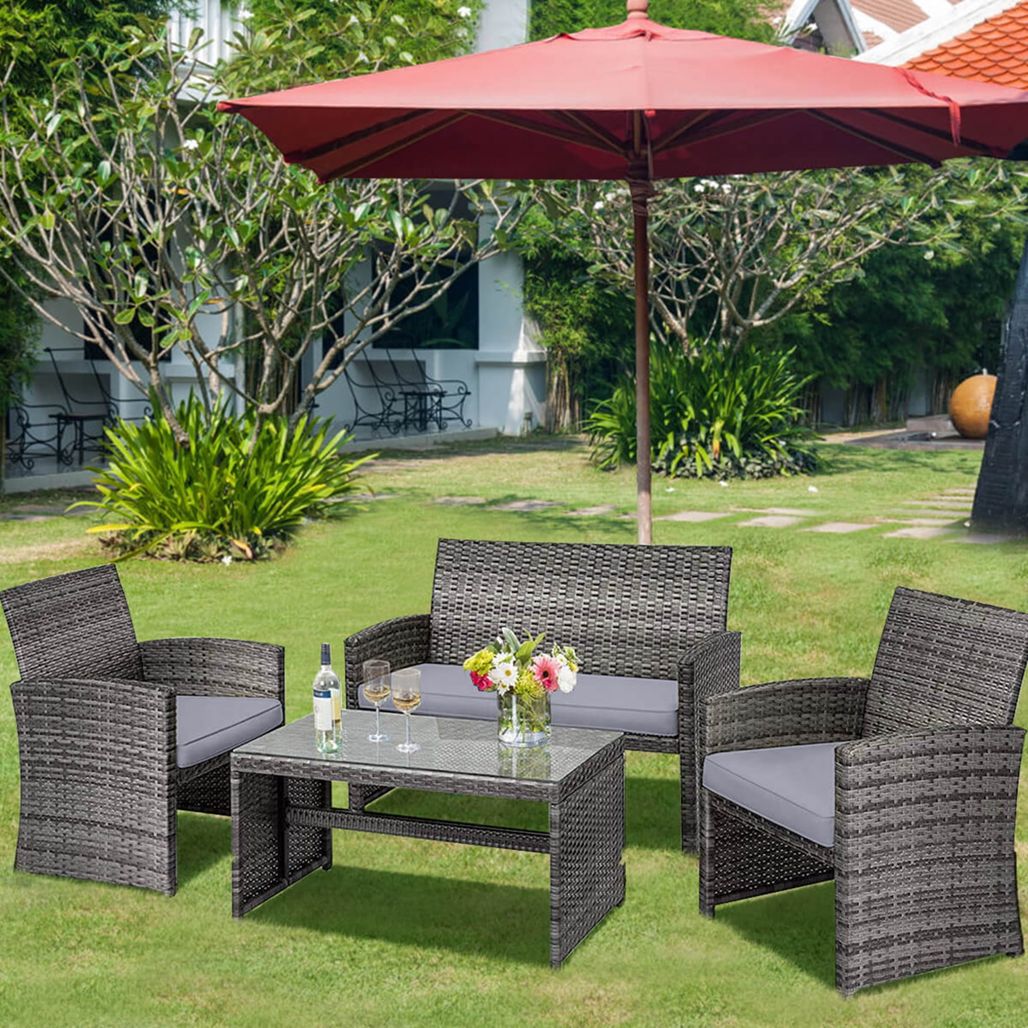 Costway 4 Steel Functional Outdoor Conversation Sets with Loveseat and Chairs, Gray