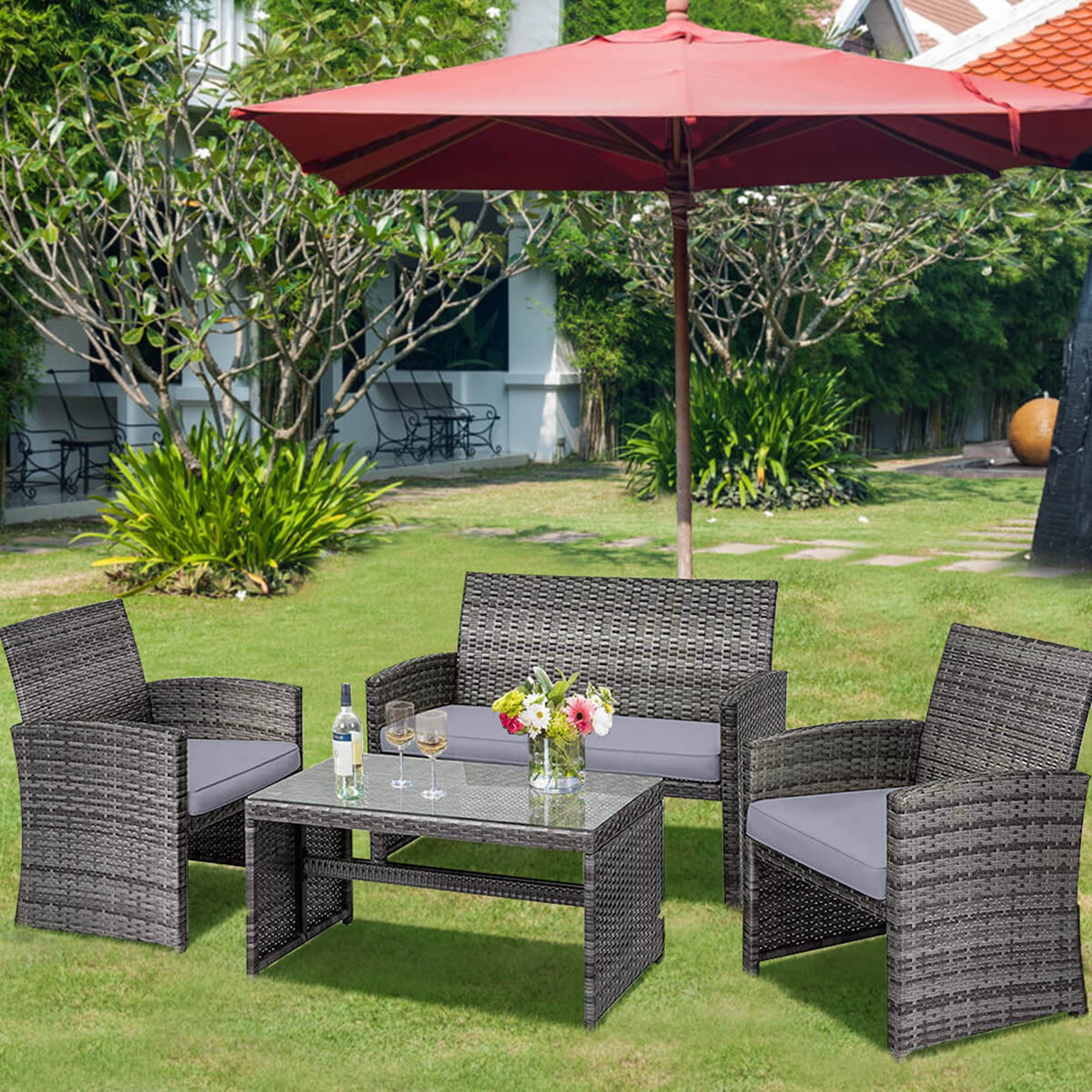 Costway 4-Piece Outdoor Conversation Set with Loveseat, Gray photo 5
