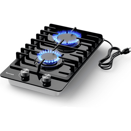 TOPWISH 12" 2-Burner Built-In Gas Cooktop, Black Tempered Glass, 18,000 BTU, NG/LP Convertible, Flame-Out Protection