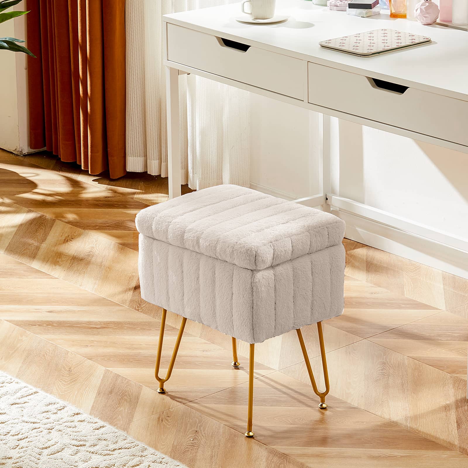 ZUNMOS Ottoman Vanity Stool Chair, with Storage, Modern Style Faux Fur Seat with 4 Metal Legs & Non-slip Feet for Living Room, Bedroom, Camel