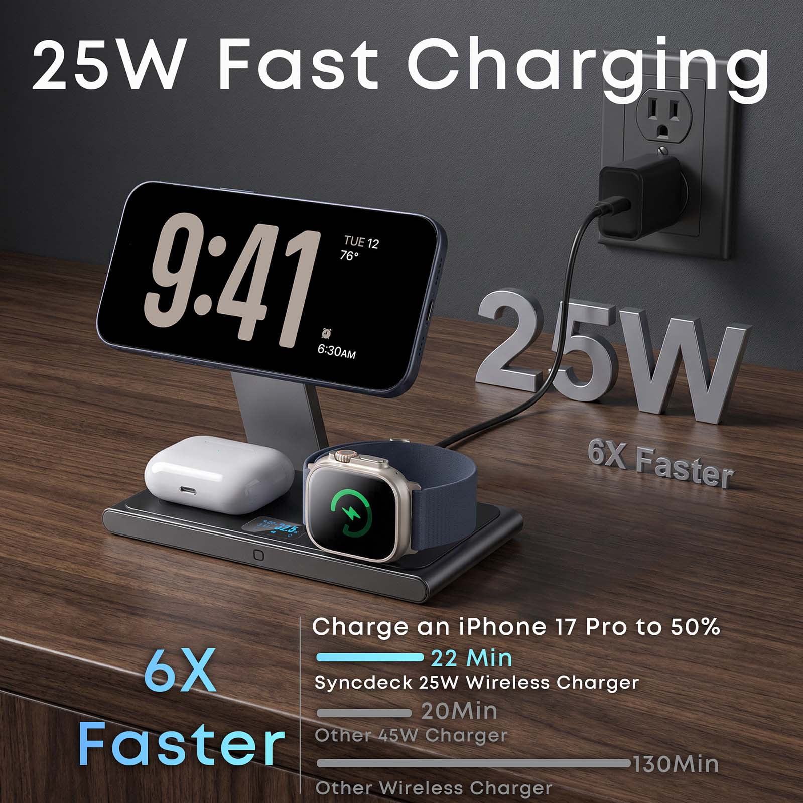 Syncdeck Foldable 3-in-1 Wireless Charging Station Max to 25W with Digital Display & 45W Adapter, Visible Fast Charger for iPhone 15/16/17Pro/Pro Max,15/16 Plus Air,AirPods,Apple Watch