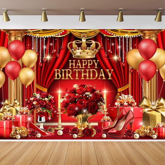 Red and Gold Birthday Backdrop Luxury Red Curtains Happy Birthday Background Classic Red Gold Chair King Throne Birthday Party Decorations Banner Supplies Photo Booth Props
