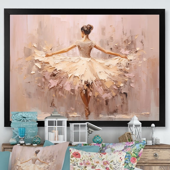 Designart "Minimalism Ballerina In Beige And Gold II" Ballet Picture Framed Canvas Art Print