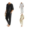 thumbnail image 5 of Biekopu Men's Summer Cotton Linen Clothes Solid Color Long Sleeve Henley Shirt + Elastic Waist Drawstring Pants 2 Pieces, 5 of 6
