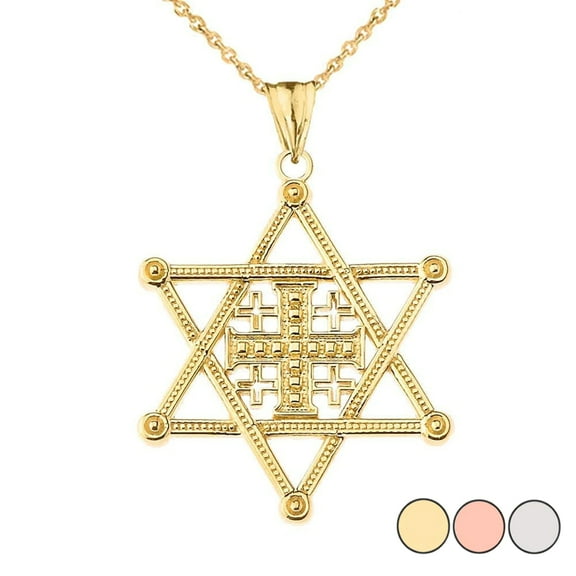 STAR OF DAVID JERUSALEM CROSS PENDANT NECKLACE IN GOLD (YELLOW/ROSE/WHITE) :  10K  Pendant with 16" chain