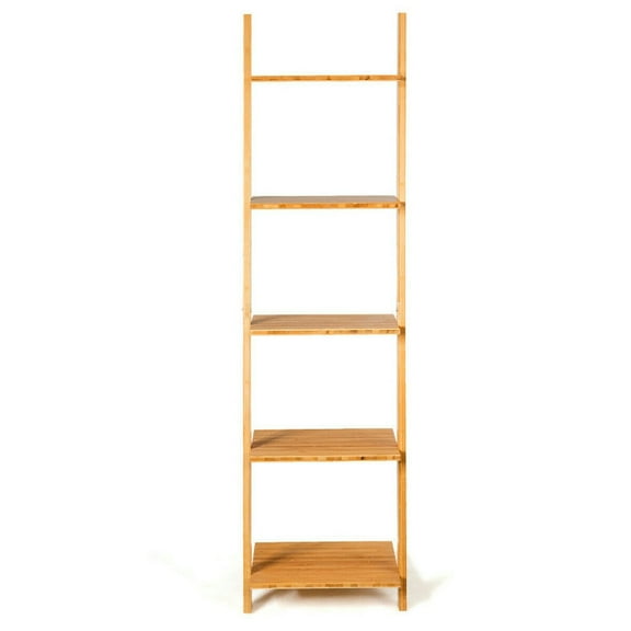 Resenkos Bookshelf,Shelf, Open Bookcase Book Shelf,Storage Shelf Unit Plant Stand,5-Tier Modern Bamboo Wall-Leaning Display Ladder Bookshelf
