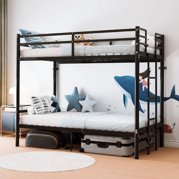 Twin Over Twin Metal Bunk Bed with Guardrails and Ladder, Heavy Duty Iron Bed Frame for Kids Teens, Space Saving Twin Size Bunk Bed, No Box Spring Needed, Mattress Not Included