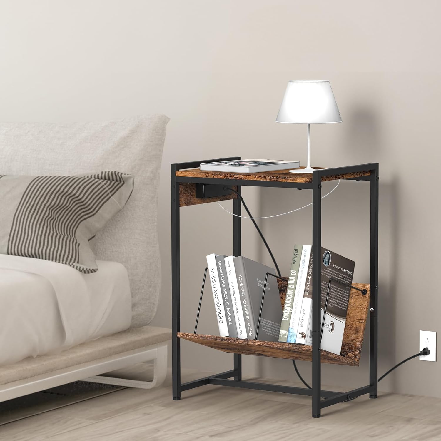 2-Tier End Table Record Player Stand with Charging Station and Vinyl Storage Shelf, Brown
