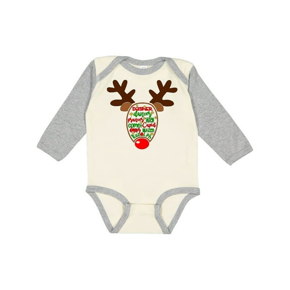 Inktastic Christmas Reindeer Face with Names and Red Nose Boys or Girls Long Sleeve Baby Bodysuit