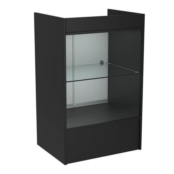 24”W * 18”D * 38”H - Cash Register Stand， Black Cash Wrap Checkout Desk，Counter Stand with Glass Display Cabinet for Retail