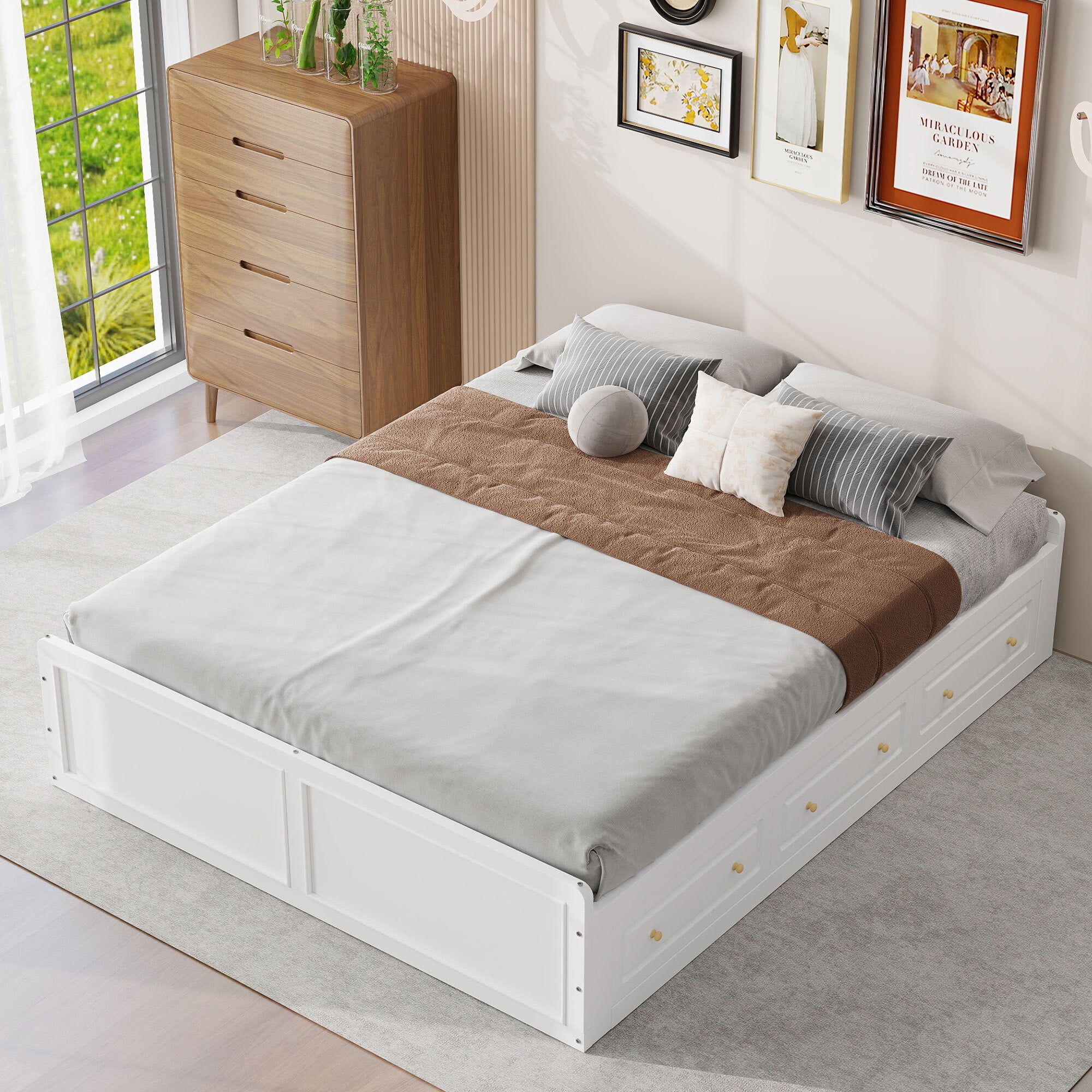 Euroco Wood Queen Size Platform Bed with 6 Drawers for Living Room, White