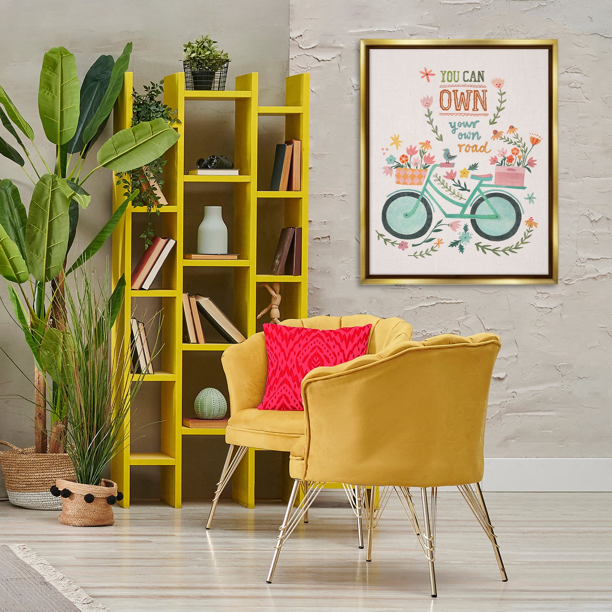 Stupell Industries Own Road Phrase with Bicycle Transportation Painting Gold Floater Framed Canvas Art Print Wall Art, 25 x 31