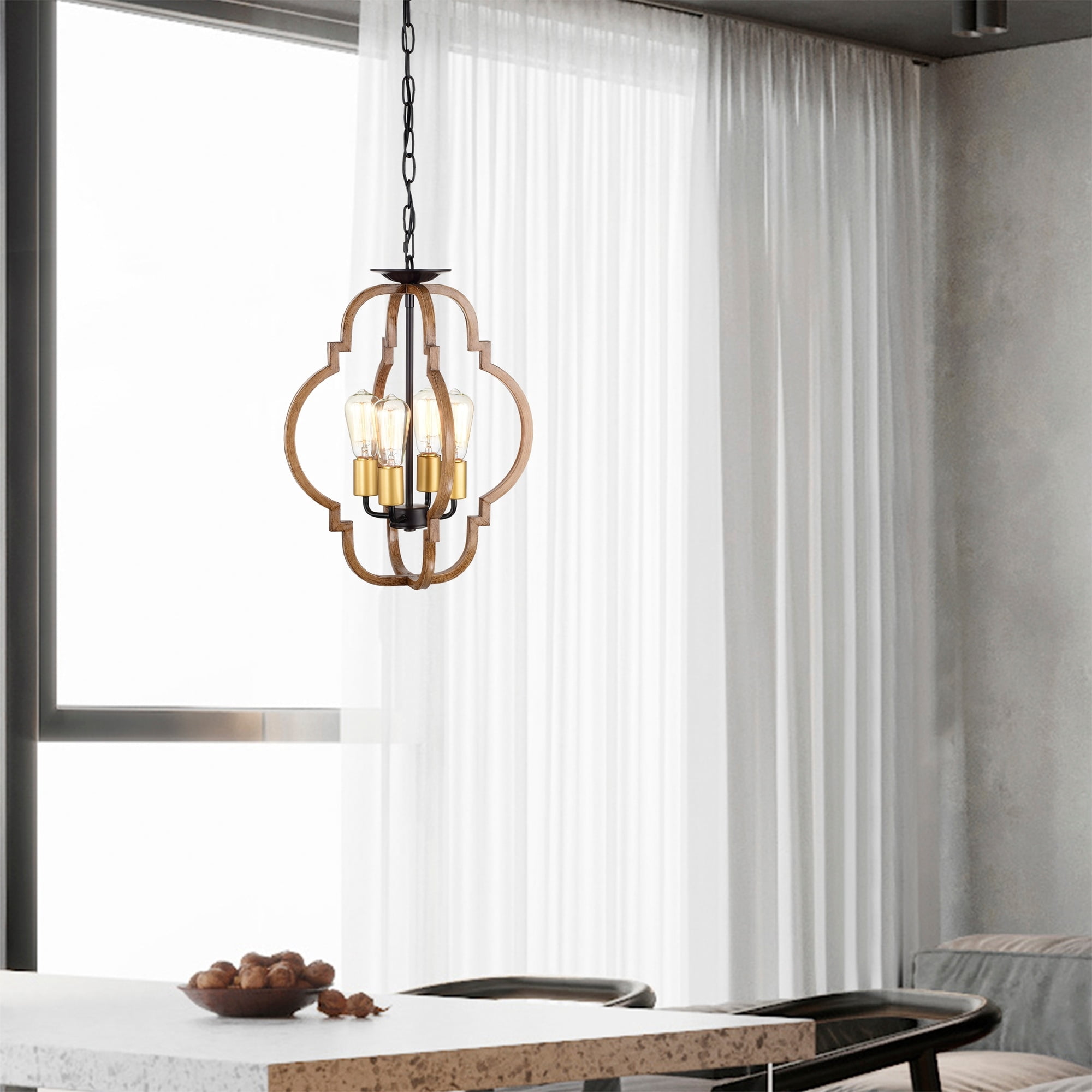 Ason 16 in. 4-Light Indoor Matte Black and Faux Wood Grain Finish Pendant with Light Kit