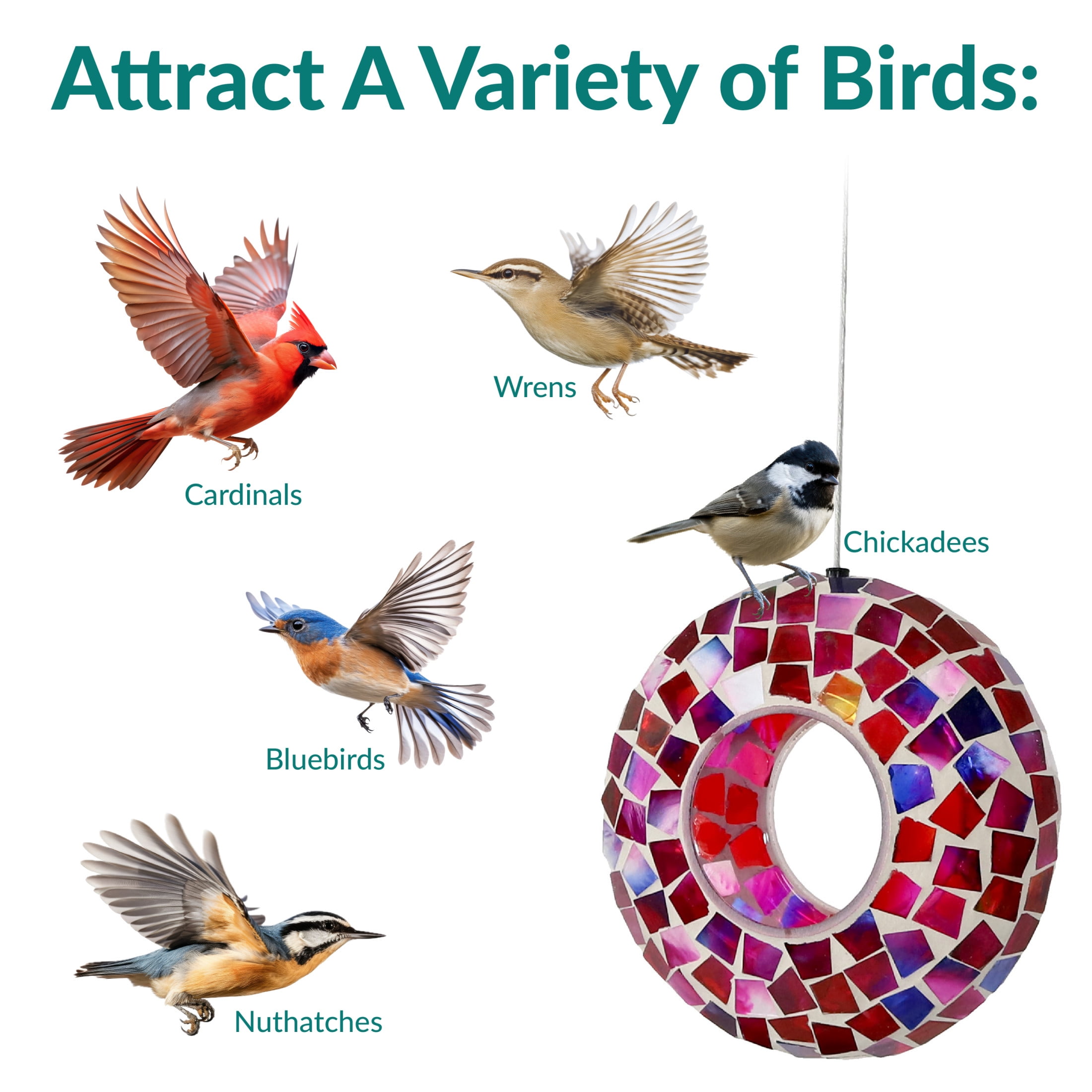 Sunnydaze Outdoor Garden Patio Round Glass with Mosaic Design Hanging Fly-Through Bird Feeder - 6" - Crimson