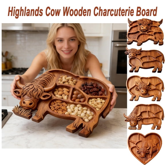Highland Cow Wooden Charcuterie Board, Cute Cow Shaped Serving Tray Cheese Platter, Farmhouse Highland Cattle Style Serving Board, Unique Animal Shaped Appetizer Platter for Meat Cheese, HAODEJW