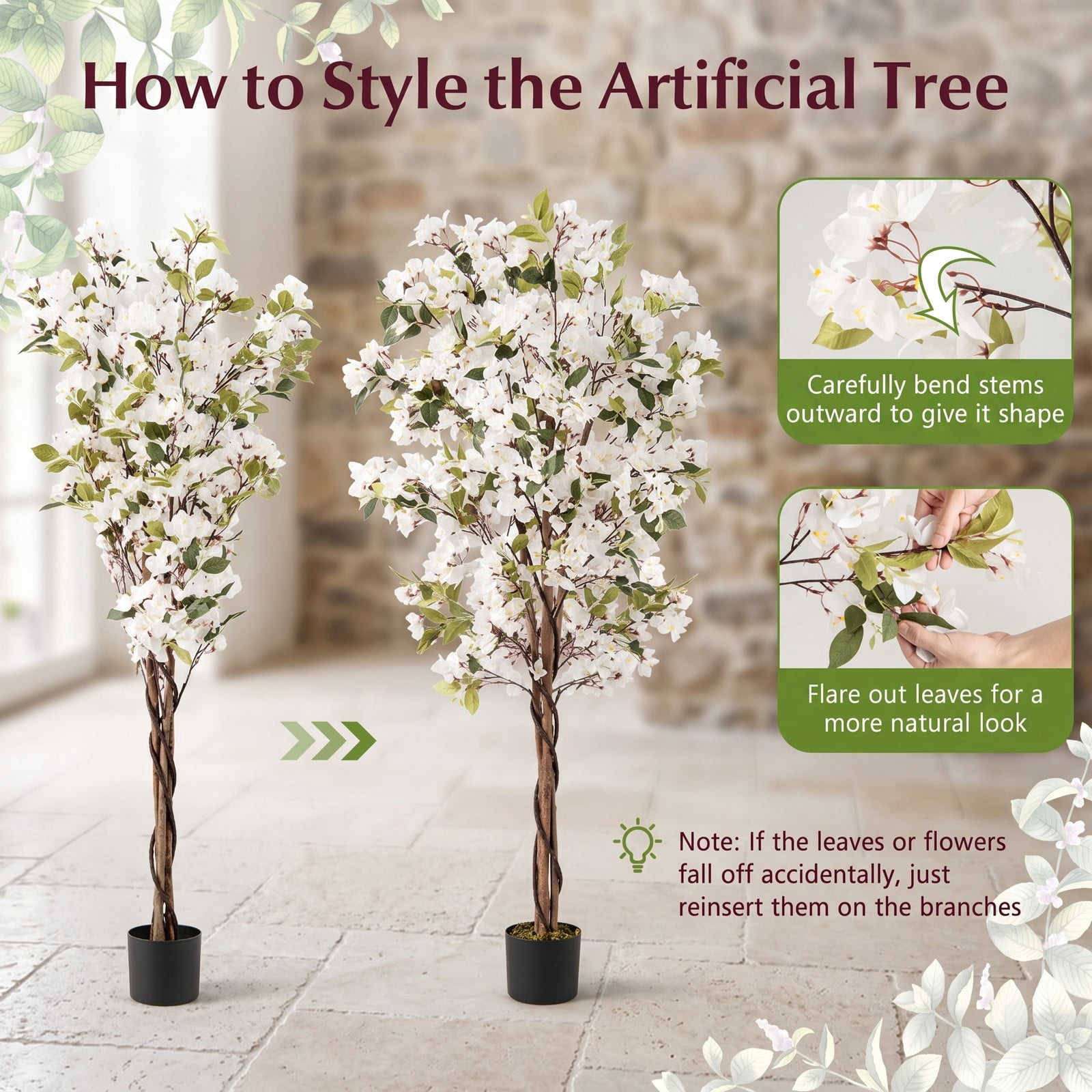 ALPULON 6 FT Artificial Bougainvillea Tree Set of 2 with 910 White Flowers, Faux Silk Flower Tree with Cement-Filled Planter for Indoor Outdoor Home Office Decor, White