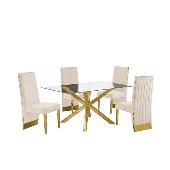 63"x 39" Rectangular Clear Glass 5pc Dining Set with Gold Stainless Steel