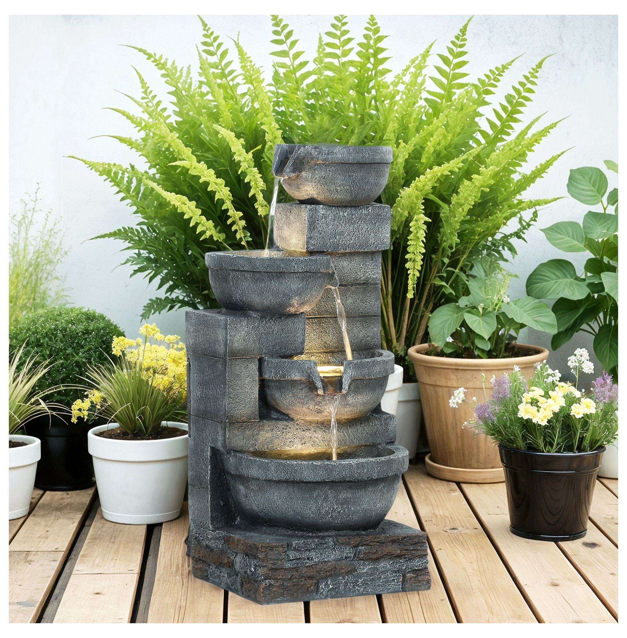 Outdoor Water Fountain 30" LED, 4-Tier Cascading Fountain for Garden, Patio, Backyard - Resin Waterfall Feature with Pump, Gray