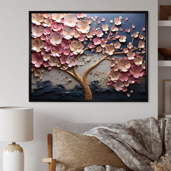 Designart "Garden of Gold Pink and Gold Flowers" Floral Framed Wall Art - Traditional Pink Flowers Entryway Framed Wall Art