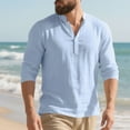 thumbnail image 6 of Xzbqbs Mens Henly Long Sleeve Shirts Cotton Linen Slim Fit Button Casual Pullover Tops Fashion Lightweight V Neck Solid Shirts, 6 of 7