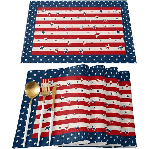 4th of July Placemats Set of 4 Red Blue Stripes Stars Place Mats American Flag Independence Day Tablemats July 4th Place Mats Table Decoration for Memorial Day Holiday Celebration Dinner Party