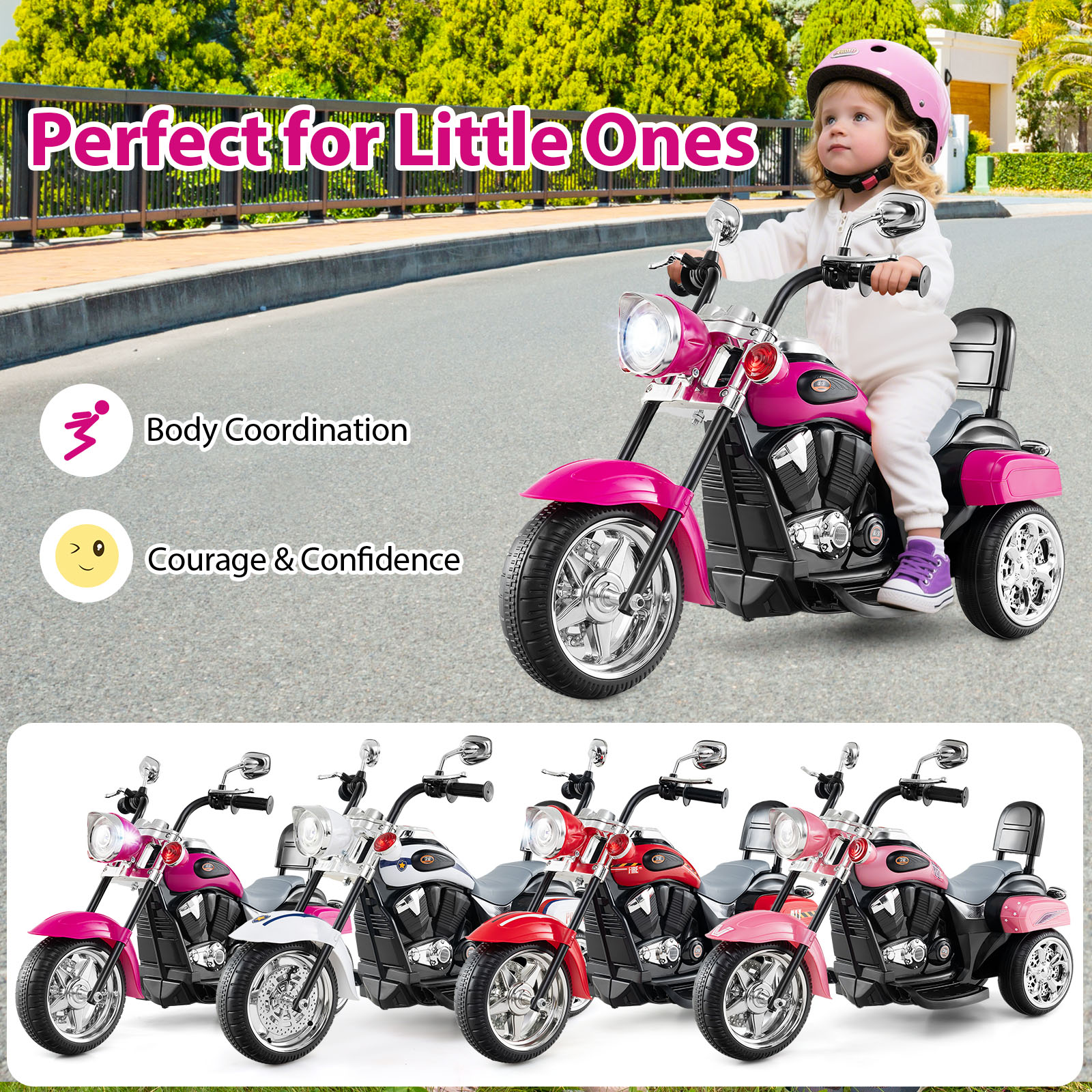 Gymax 6V Electric Kids Motorcycle 3-Wheel Ride On Toy w/ Adjustable Headlight Rose