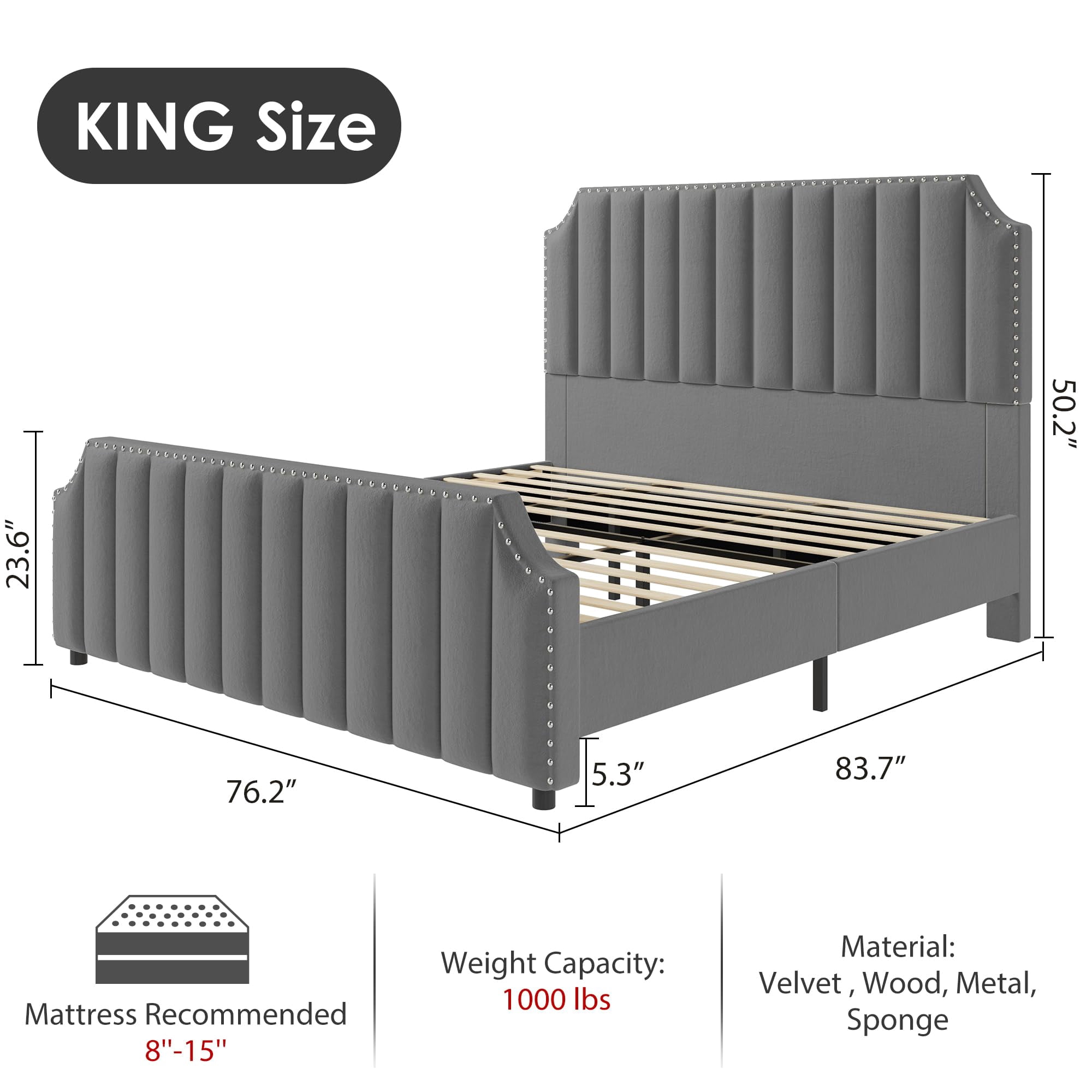 King/Queen Size Bed Frame, Upholstered Platform Bed with Tall Headboard, Velvet Vertical Channel Tufting & Nailhead Trim, No Box Spring Needed, Easy Assembly