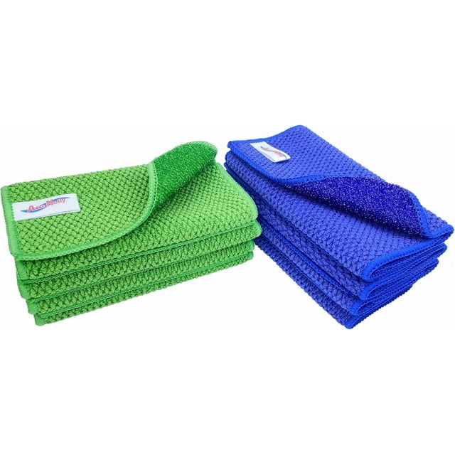 16 Pack Microfiber Scrub Dish Cleaning Cloth, Non-Scratch, Reusable & Durable for Pan Pot Dish Cooktop Stovetop Counter Kitchen Household, Machine Washable, 6 x 6 Inch, Blue & Green Assorted
