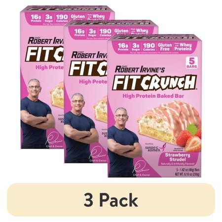 (3 pack) FITCRUNCH Strawberry Strudel, High Protein Baked Bar, 16g Protein, 5ct