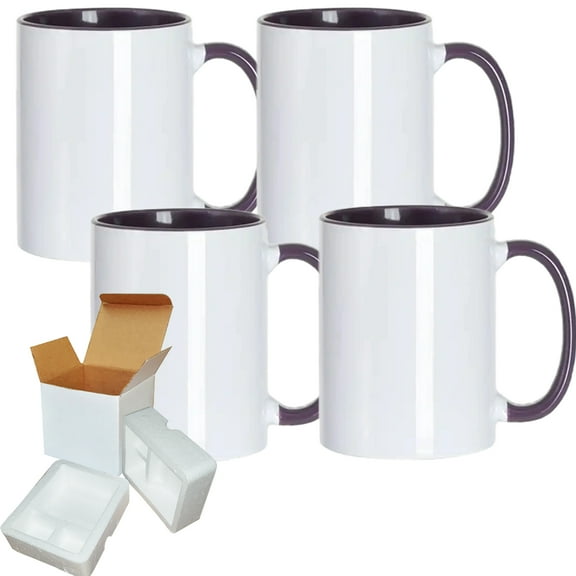 Purple 11oz Sublimation Mugs - Set of Four 11oz Sublimation Mugs with Purple Interior Handle and Foam Shipping Box Included