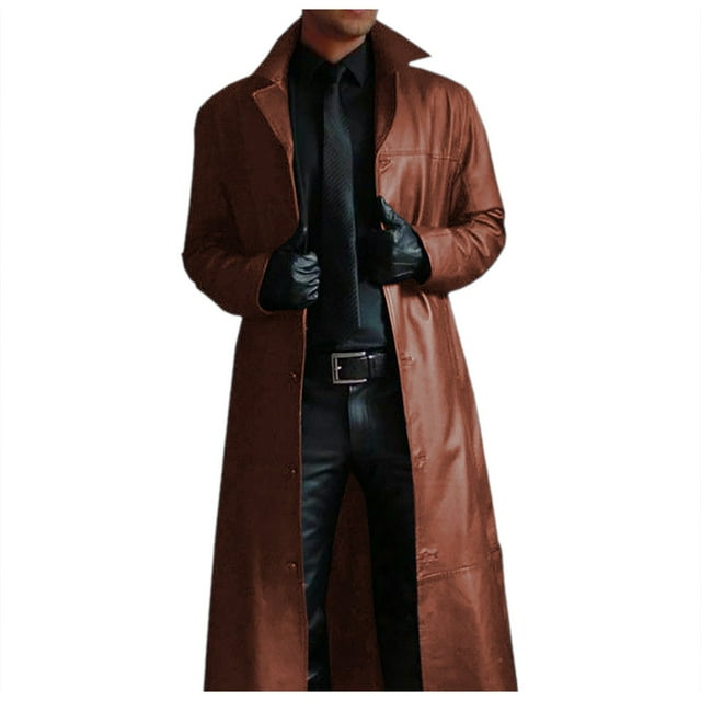 QHFBli Collared Mens Trench Coat Men Gothic Halloween War Robe Solid Color Cardigan Button Leather Long Windbreaker European And Stereoscopic