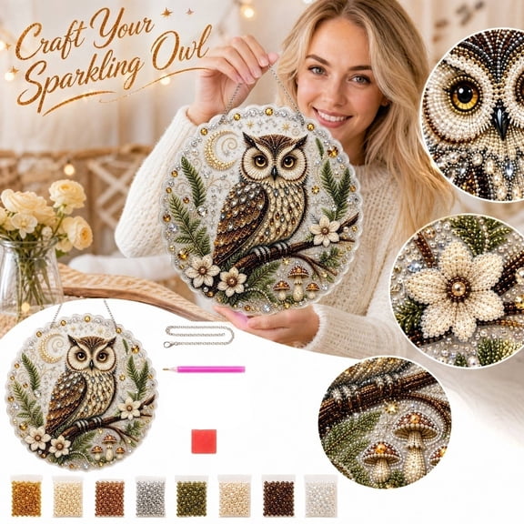 Owl Diamond Painting Hanging Decoration Kit, 5D DIY Diamond Art Suncatcher with Forest Bird Design, Sparkling Gem Craft Ornament for Window Wall Home Decor Gift