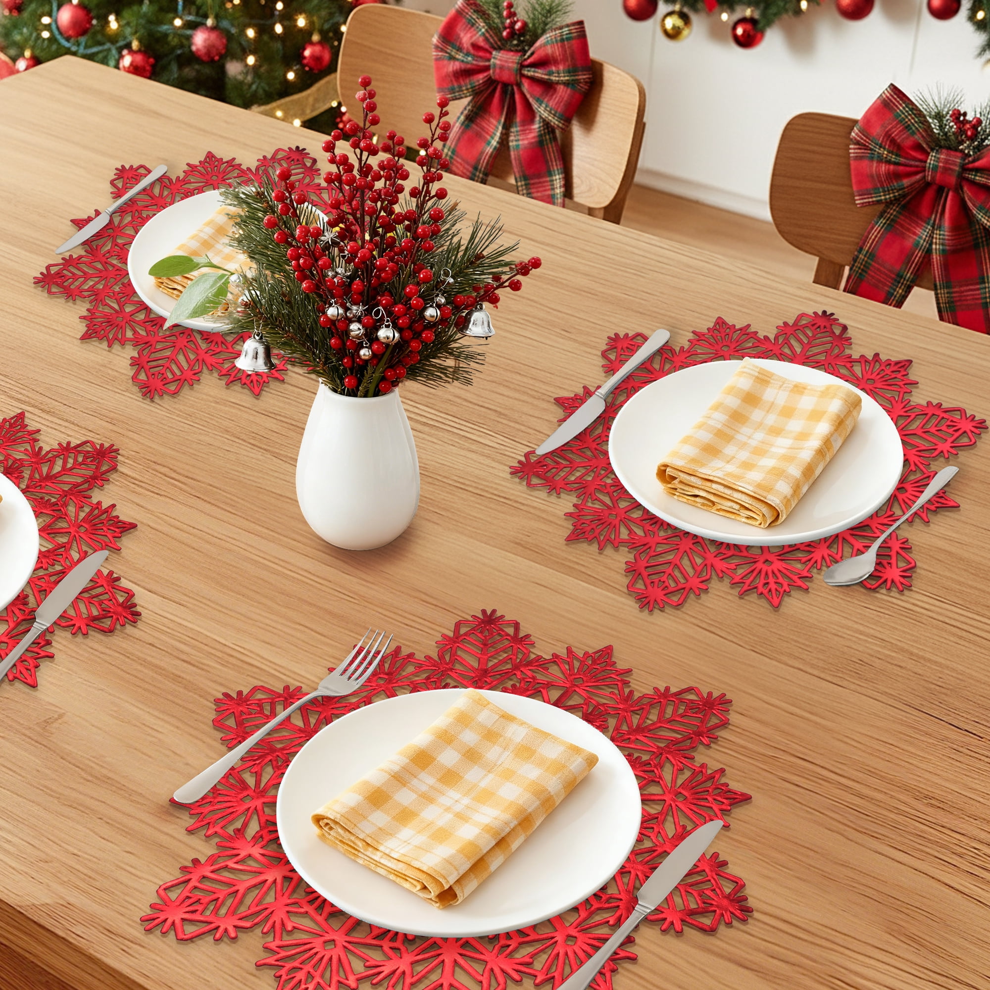 Unique Bargains Set of 6 Snowflake Shape Placemats Kitchen Table Mat Red
