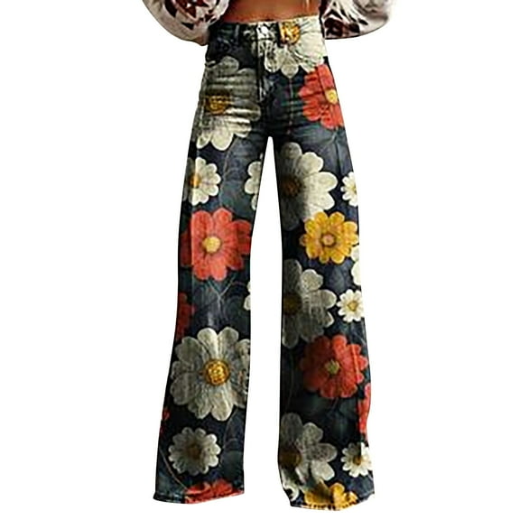 yunLCZ Wide Leg Pants Woman 2025 New Summer Flower Wide Leg Pants Lightweight And Loose Casual Colorful Pants Imitation Jeans Office Slacks