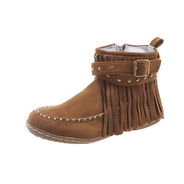 Womens Winter Boots Tassel Flat Side Zipper Short Ankle