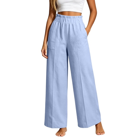 ZToonmas Womens Solid Linen Look Wide Leg Pants Elastic Waist Front Seam Casual Loose Long Pants with Pockets