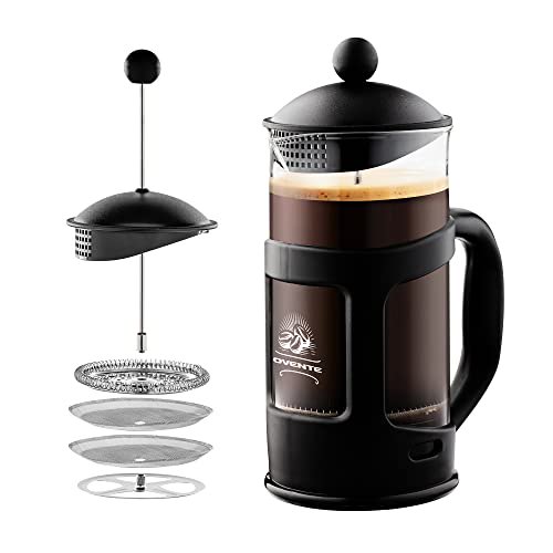 Ovente Cafetera de prensa francesa, té y espresso, vidrio de borosilicato resistente al calor con sistema de 4 filtros de acero inoxidable, jarra portátil sin BPA, perfecta para cerveza fría y calient