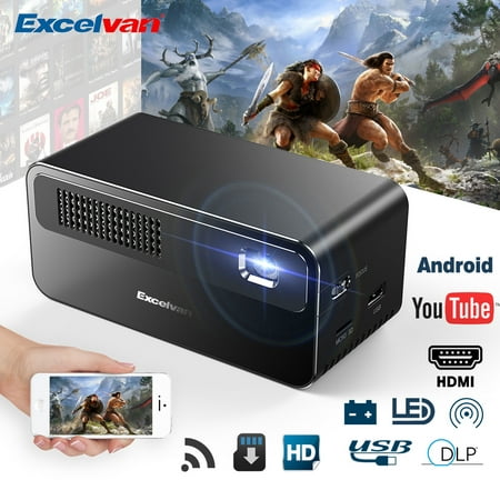 Excelvan HDP300 DLP Projector, Portable Home Projector Built-in 7.4V/3500mAh 25.9Wh Battery Support 1080P Android 5.1 Mirror Link Hi-Fi Speaker for Home Entertainment and Small