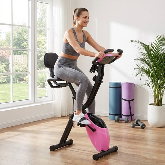 Folding Exercise Bike, Fitness Upright and Recumbent X-Bike with 16-Level Adjustable Resistance, Arm Bands and Backrest, Pink