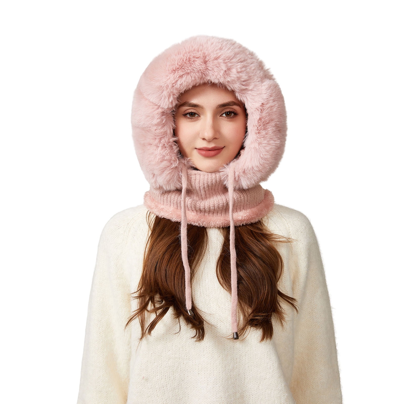 YZEGDCH Pink Women One Piece Slouchy Fleece Thicken Beanie Winter Hats Scarf Mask Drawstring Warm Hooded Winter Balaclava Pullover Knitted Winter Hat, Birthday Valentines Gift for Women