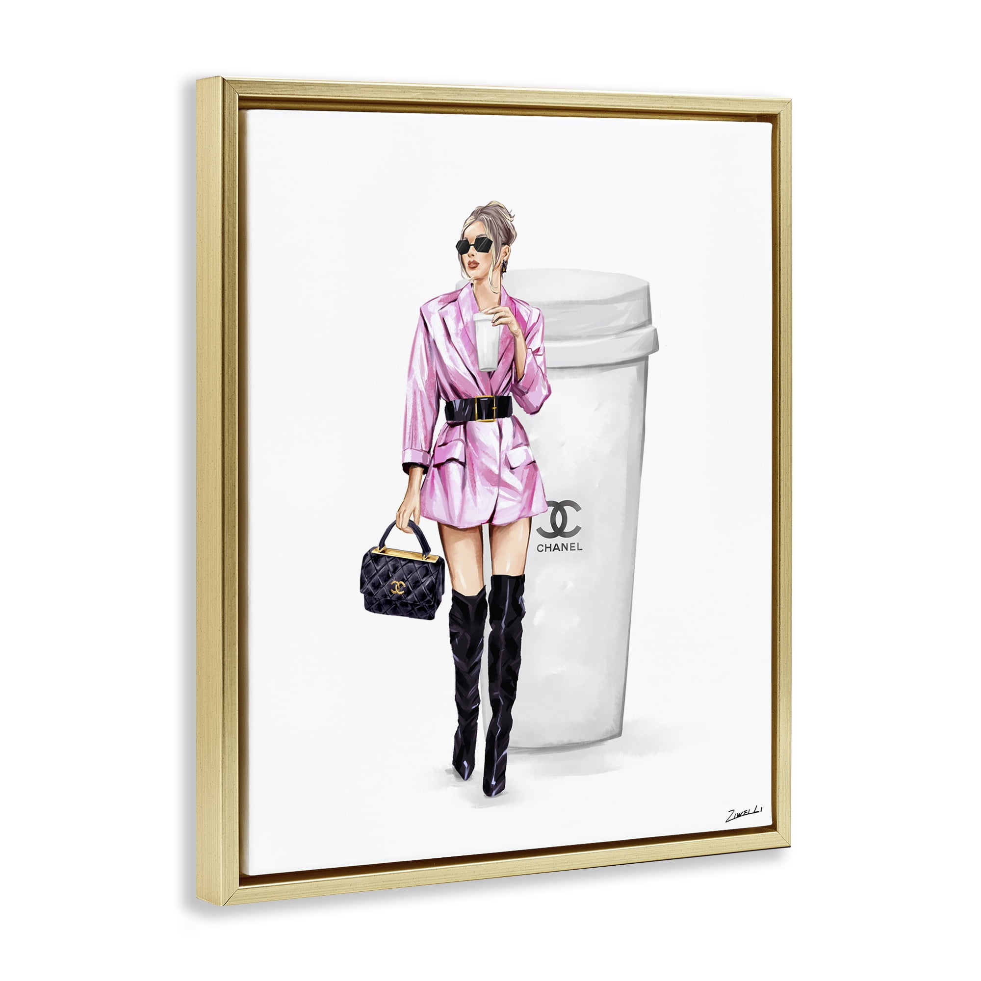 Stupell Industries Trendy Girl with Coffee Novelty Painting Gold Floater Framed Art Print Wall Art, 25 x 31