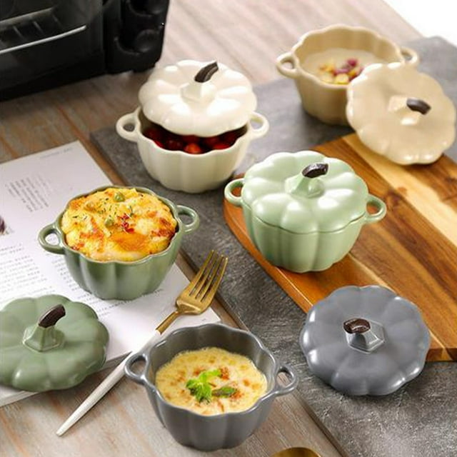 Estbridg Ceramic Pumpkin Bowl with Lid and Handle Ceramic Ramekins Pumpkin Bowls for Soup Baking Casserole Dish Individual Severing Pot Stoneware Oven Safe 10 FL Oz Capacity