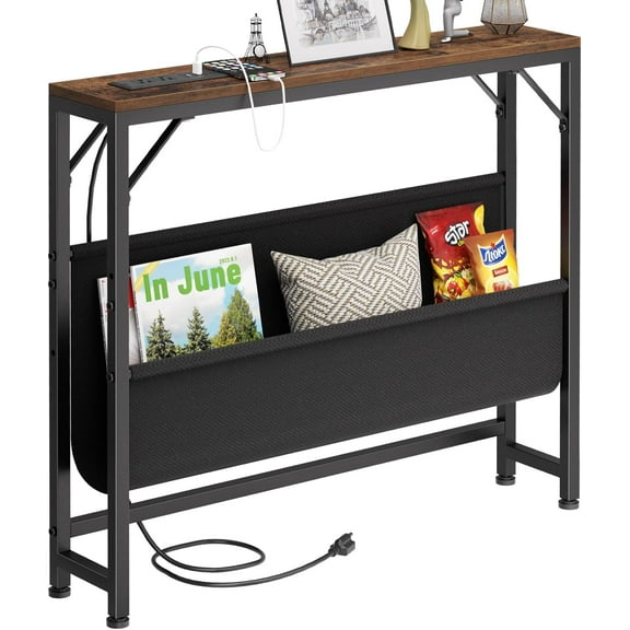31.5'' Small Console Table with Charging Station and Storage, Narrow Sofa Table with Power Outlets, Behind The Couch Table, for Living Room, Foyer, Entryway, Hallway, Rustic Brown