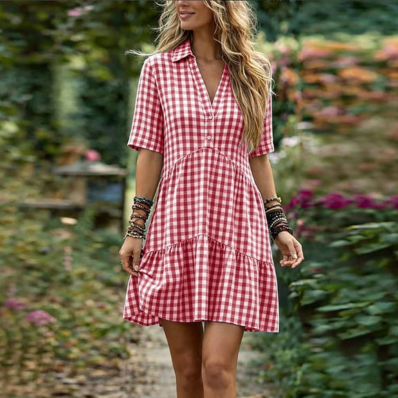 QUNYINEY Summer Plus Size Dresses for Women Midi Faux Cotton Linen Short Sleeve Plaid A Line Dress Pleated Collared Loose Fit Button Dresses
