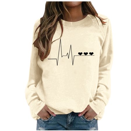 FYEGRE Pullover Women s Sweatshirt Letters Print Long Sleeve Crew Neck Jumper Autumn Winter Women Letter Print Loose Casual Top Sports Streetwear Sweatshirts Beige S