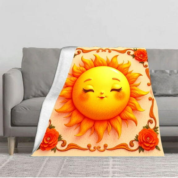 Cheerful Sun & Rose Pattern Flannel Blanket - Soft Warm Cozy for Sofa Travel Bed & Chair - Perfect for Comfort & Style