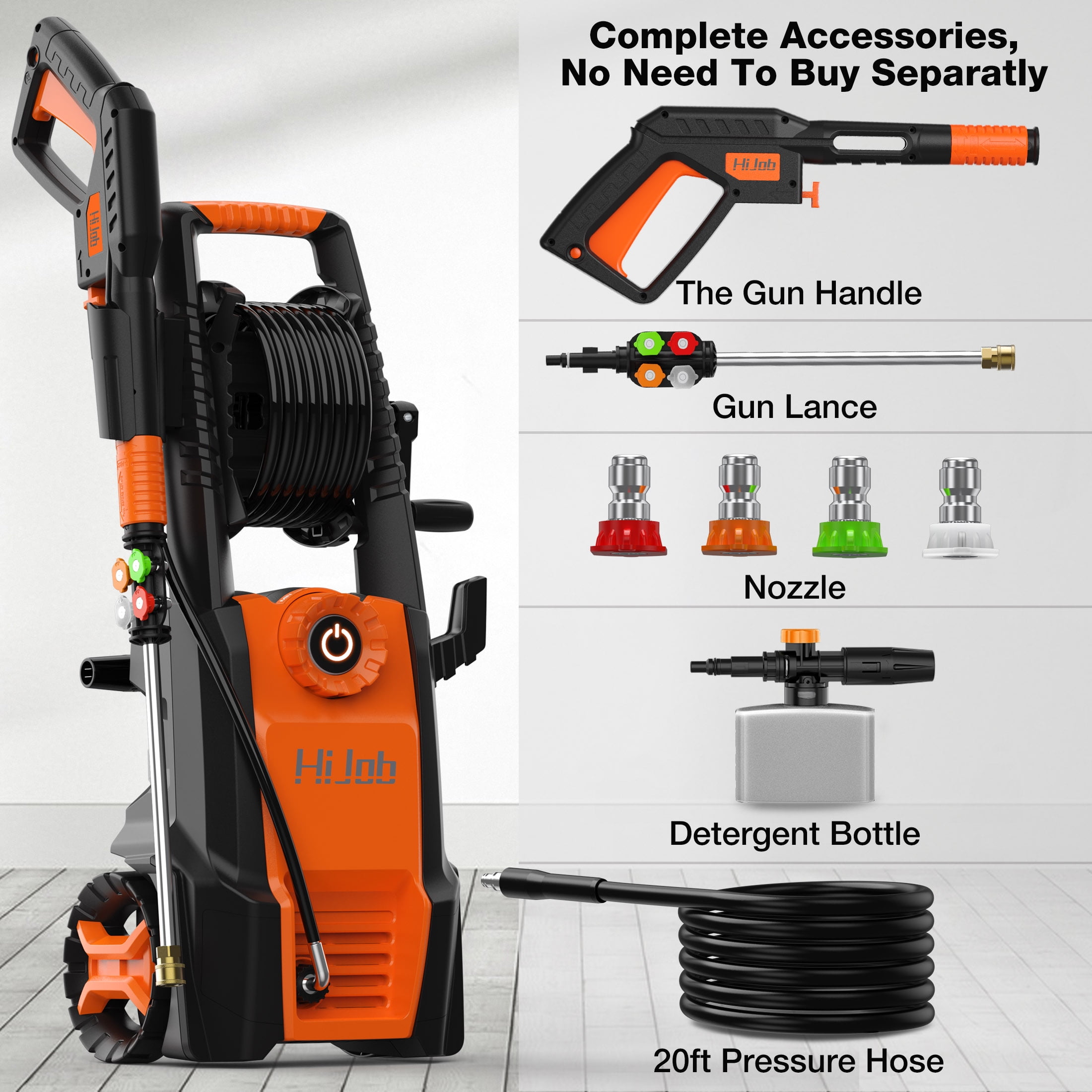 HIJOB Electric 4000 PSI High Power Water Washers Machine  w/ 20 ft Hose, 4 Nozzles, Max. 2.6 GPM for Patios/Cars/Fences/Driveways