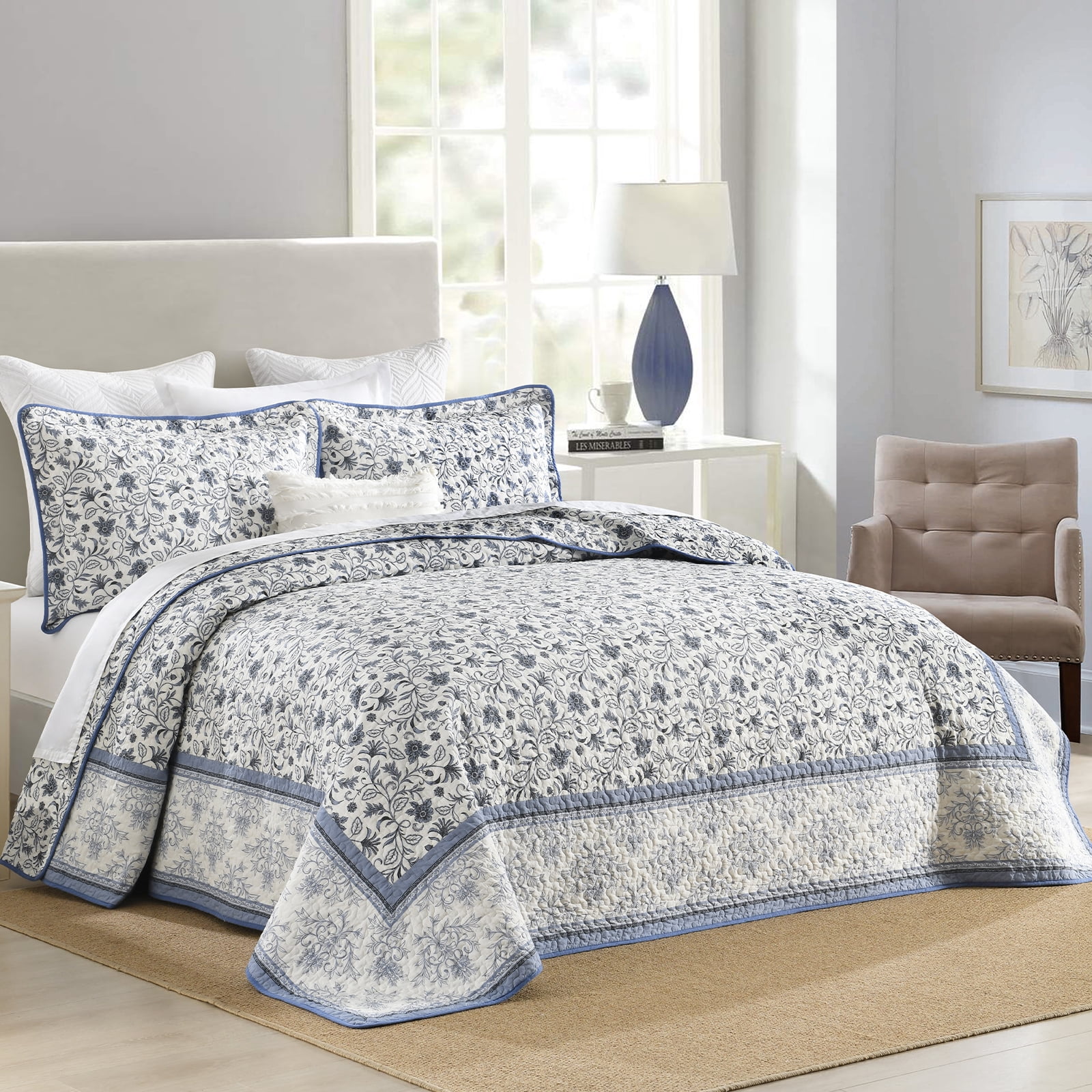 PANGUSHAN 100% Cotton Queen Quilt Set, Floral Queen Size Quilt Bedding Set Bedspreads, Reversible Botanical Patterns Quilted Lightweight Comforter, Blue/White/Gray Bed Spread for Queen Bed