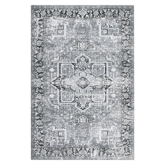 Ultra-Soft Washable Runner Rug – Vintage Medallion Carpet Non-Slip Low Pile Distressed Floral for Living Room Bedroom Office – Gray, 8x10 ft